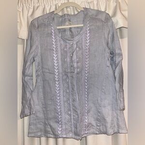 Wrap London Linen Women's Gray Embroidered Top size 6